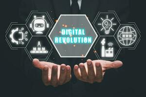 digital revolución concepto, negocio persona mano participación digital revolución icono en virtual pantalla. foto