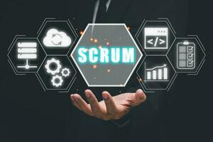 SCRUM concept, Business person hand holding SCRUM icon on VR screen, Agile development methodology. photo