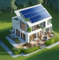 Solar panels on idyllic 3D house. Natural resource of energy. photo