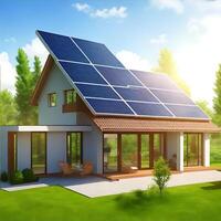 Solar panels on idyllic 3D house. Natural resource of energy. photo