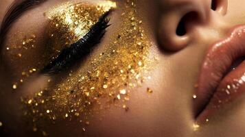 Closeup portrait women face with gold sparkle and glitter dust effect. . photo