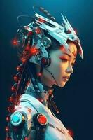 Illustration of a cyborg woman and Ai technology background , AI Generated photo