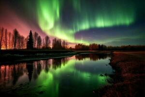 Aurora landscape with northern lights, generative ai photo