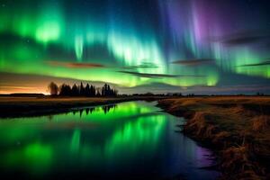 Aurora landscape with northern lights, generative ai photo