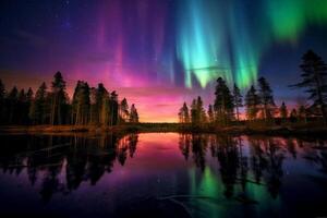 Aurora landscape with northern lights, generative ai photo