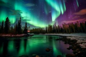 Aurora landscape with northern lights, generative ai photo