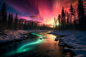 Aurora landscape with northern lights, generative ai photo