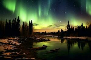 Aurora landscape with northern lights, generative ai photo