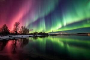 Aurora landscape with northern lights, generative ai photo