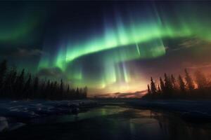 Aurora landscape with northern lights, generative ai photo