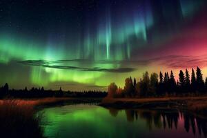 Aurora landscape with northern lights, generative ai photo