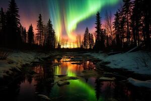 Aurora landscape with northern lights, generative ai photo