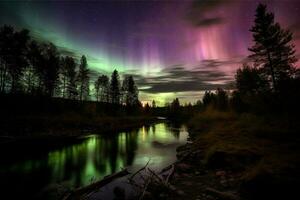 Aurora landscape with northern lights, generative ai photo