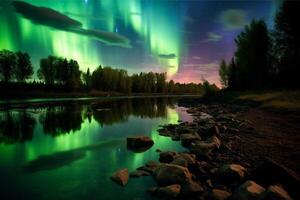 Aurora landscape with northern lights, generative ai photo