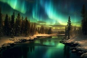 Aurora landscape with northern lights, generative ai photo