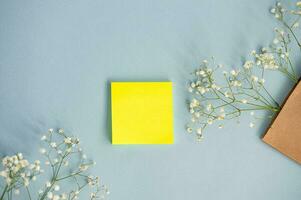 Creative flat desktop photo. Blue background with gypsophile on top with empty space for text photo