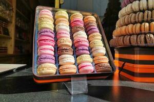 Box of macaroon in a Parisian show case photo