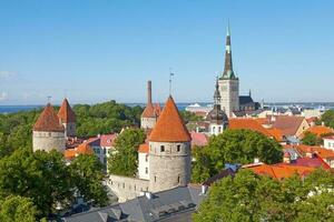 Aerial view of 7 of the 66 towers of the Wall of Tallinn photo