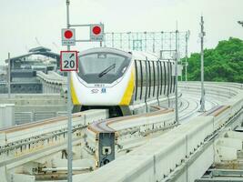 BANGKOK, THAILAND-JUNE 10, 2023 MRT yellow line elevated monorail of Mass Rapid Transit Authority of Thailand. Metropolitan Rapid Transit. Operator by Eastern Bangkok Monorail Company Limited. photo