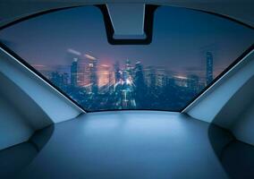 Air taxi window view of city at night. Air vehicle. Personal air transport. Autonomous aerial taxi. Flying car. Urban aviation. Futuristic technology. Passenger drone. Electric VTOL passenger aircraft photo