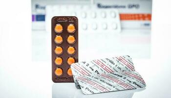 CHONBURI, THAILAND-APRIL 29, 2023 Prenarpil round tablet pills in blister pack. Clonazepam used to treat seizures, panic disorder, anxiety disorders. Benzodiazepines drug. Mental illness medication. photo