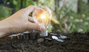 Ideas, business recovery, innovation, brainstorming, inspiration and problem solving ideas. light bulb on the ground photo