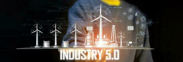 The concept of developing clean energy such as wind energy for energy sustainability. industrial energy 5.0, ECO, ESG, AI photo
