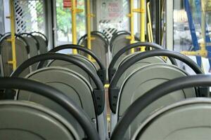 Jakarta, Indonesia-18 June 2023 Transjakarta bus seats with the theme of Transjakarta bus interiors photo