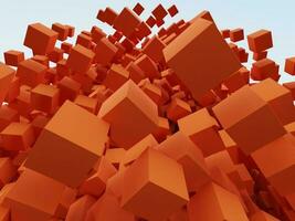 vivid orange color 3d cube abstract pattern geometry from bottom angle with sky background wallpaper photo