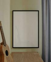 clean frame mockup poster hanging on the beige wall above the wooden table with ukulele decoration photo