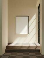 realistic frame mockup porter on the beige wall beside the window in the minimalist interior photo