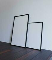 dos sencillo minimalista marco Bosquejo en el de madera piso tendido en el blanco pared antecedentes foto