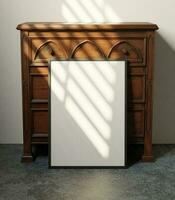 un retrato de vacío marco Bosquejo póster tendido en el de madera cajón encima el hormigón piso ligero por luz de sol foto