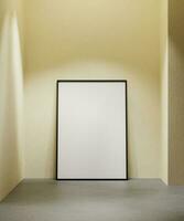 sencillo retrato 7x10 marco Bosquejo póster en pie en el hormigón piso y beige pared antecedentes ligero por lámpara foto