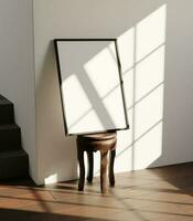 minimalist elegant empty frame mockup poster on the chair got sunlight from the window shot from side angle photo