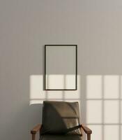 simple portrait frame mockup poster above the chair hanging on the white wall light by sunlight photo