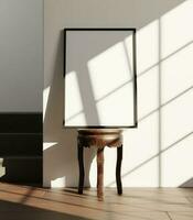 minimalista elegante vacío marco Bosquejo póster en el silla tiene luz de sol desde el ventana foto