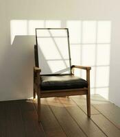 minimalista vacío marco Bosquejo póster tendido en el silla tiene ligero desde ventana en el minimalista interior foto