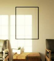 minimalist modern empty portrait frame mockup poster hanging on the beige wall in the living room photo