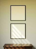 mínimo de dos vacío cuadrado marco Bosquejo póster verticalmente encima el de madera mesa ligero por luz de sol foto