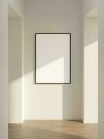 single picture of frame mockup poster hanging on the beige wall in the midlle of the corridor in the minimalist interior photo