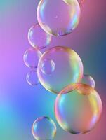 Transparent soap bubbles floating on iridescence background. Created with technology. photo