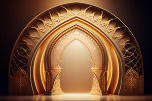 Shining luxurious golden arch with bright light coming out. Created with Generative AI photo