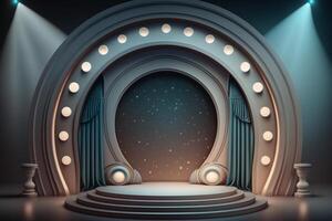 Renaissance style stage with light bulb and curtain. Created with photo