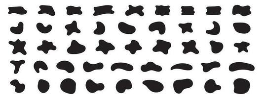 Black abstract shapes, organic blobs and blotch of irregular shape. Inkblot silhouettes, simple liquid splodge elements. Big vector set.