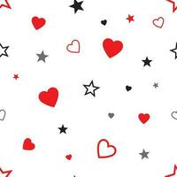 Seamless pattern with hearts and stars. Red and black colors on white background. Vector illustration.