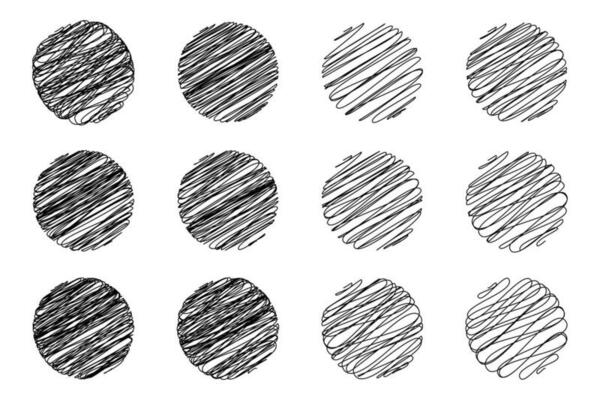 Set of different drawn scribble circle grunge effect. Black hatched circle, texture sketch on the white backdrop. For covers, flyers, cards decoration. Vector illustration.