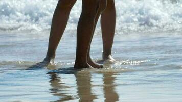 piernas de joven abrazando Pareja en tropical playa video