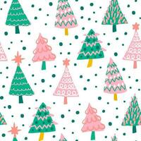 Cute pink and green Christmas tree seamless pattern on white background. Holiday season winter forest fun repeat pattern. Hand drawn illustration. vector