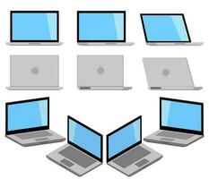 Minimal Laptop isolated on white background. Open laptop incline 90 degree with screen mockup. Perspective front and back computer view side. Flat design vector illustration.